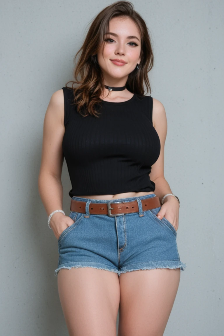 Beautiful 19 year old brunette girl with blue eyes with big earrings and thick legs wearing a red one shoulder top and high waisted jeans with a belt with her T shaped belly button showing