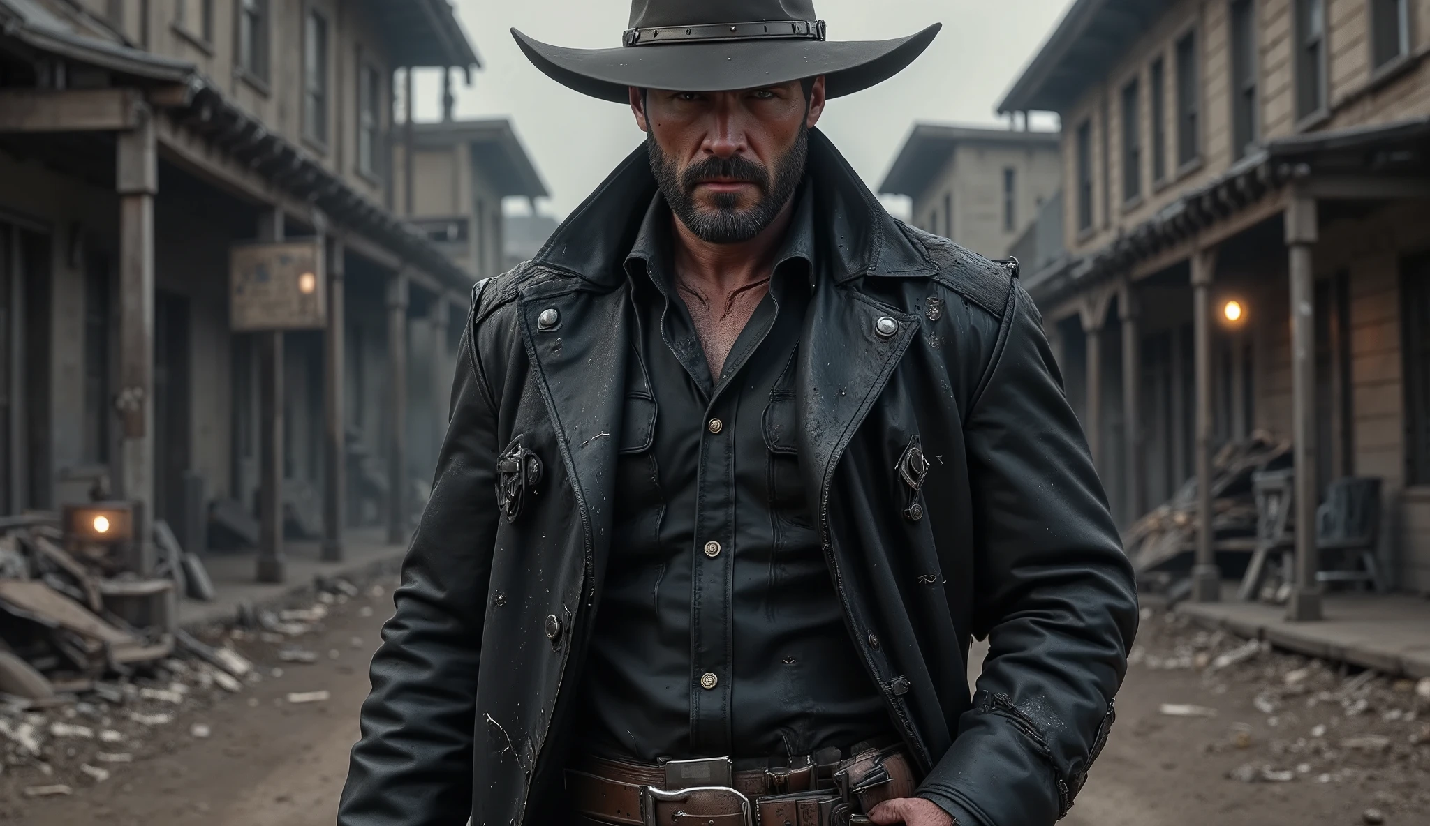 "Ultra-realistic cinematic shot of an imposing gunman named JCK-RUDE walking down the main street of a ruined Old West town. Captured from behind and slightly to the side, the camera focuses on his partially turned face — weathered, intense, with stubble and shadowed eyes beneath a low-slung wide-brimmed hat. He wears a dark, cracked leather jacket with dust and rain stains, shoulders broad, presence intimidating. Rubble litters the muddy street, crooked wooden shacks lean inward, their structures half-collapsed. Broken signs swing in the wind. Hidden eyes peer out from shattered windows and behind torn curtains. Everyone hides. Everyone watches. Thick fog rolls down the alleyways, and dim stormlight filters through heavy clouds. Cinematic depth of field, gritty textures, 8K photorealism, moody color grading, DSLR-style clarity, Western-noir atmosphere, intense and immersive realism."