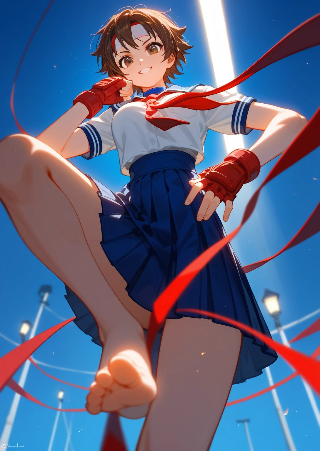 android, beautiful robot makes hard masturbation, she gets orgasms. Her short pigtails, brown hair, Hair tie with two big red clothespins, big smile, brown hair, middle age, joint seam, blue eyes, full body figure, Height: 160cm, She wears only Light beige micro mini pantie, fluttering skirt, skirt folds, white retro swimwear, Uplifting, 2020s anime style, 21thcentury japan animation, show White pantie, strong wind is blowing.