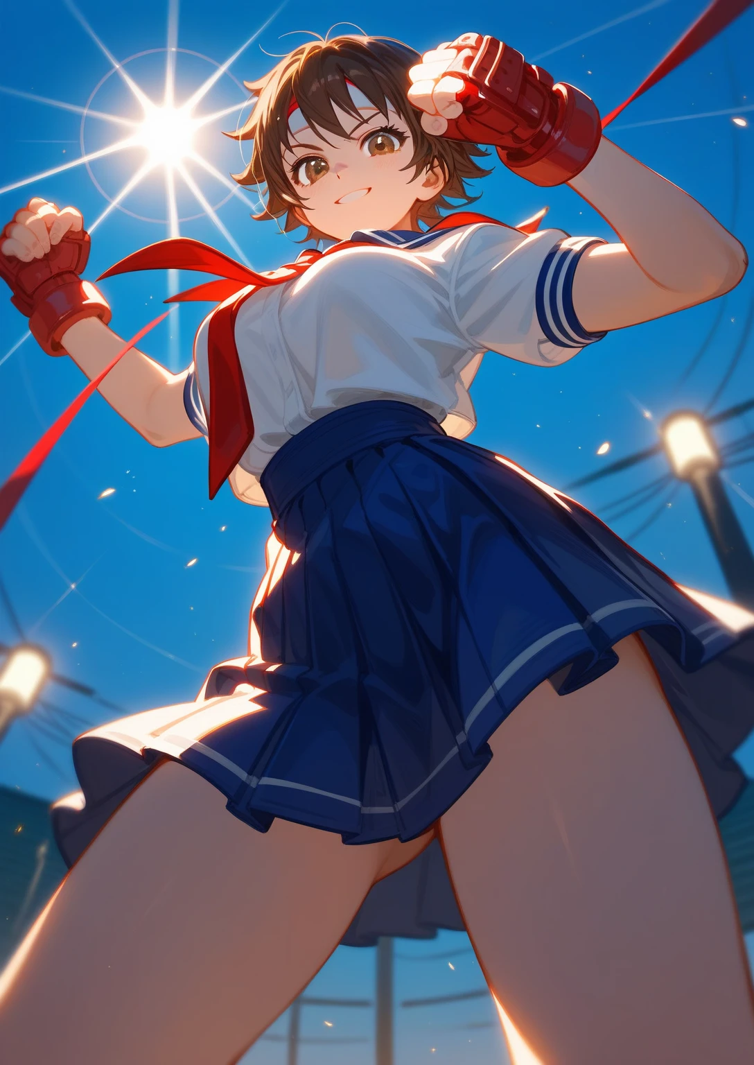 masterpiece, best quality, 1 girl, solo, , flat chest, brown eyes, brown hair, short hair, bangs, ahoge, headband, , puffy sleeves, crop top, yellow neckerchief, blue skirt, fingerless gloves, thighs, white socks, red footwear, full body, high kick panty shot,
