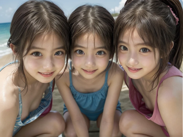 ( 3 girls),smile、Look into the camera、Diamond necklace、Braided hair, red strapless dress、The material is smooth and flexible.、exposed upper arms、Blue-green striped knee-length socks Extra long twin tail hair、close range shooting、Flower Hair Ornaments、Blindfold、Garter、 Masterpiece, Highest quality, 8ก, beautiful girl, young face、 photography, Cute face, thigh,in the stream,、รอยsmile、small waist, blue eyes(((The chest is erect.)))(((round chest)))(((big breasts:1.0)))