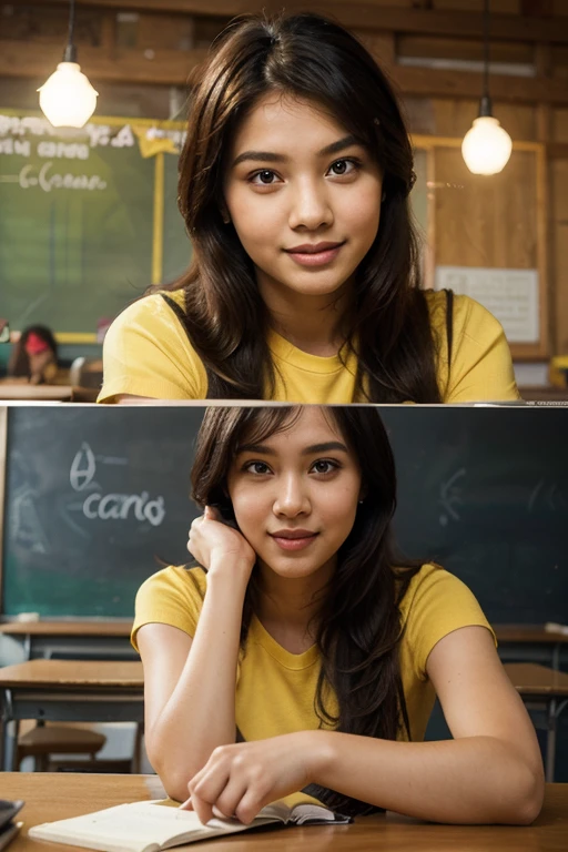 (Best quality, 8k, masterpiece: 1.3), a beautiful woman with perfect figure: 1.4, dark brown hair, medium, ((wearing an orange t-shirt with arcline on the shoulder)),highly detailed face and skin, detailed eyes, tay ôm cặp sách