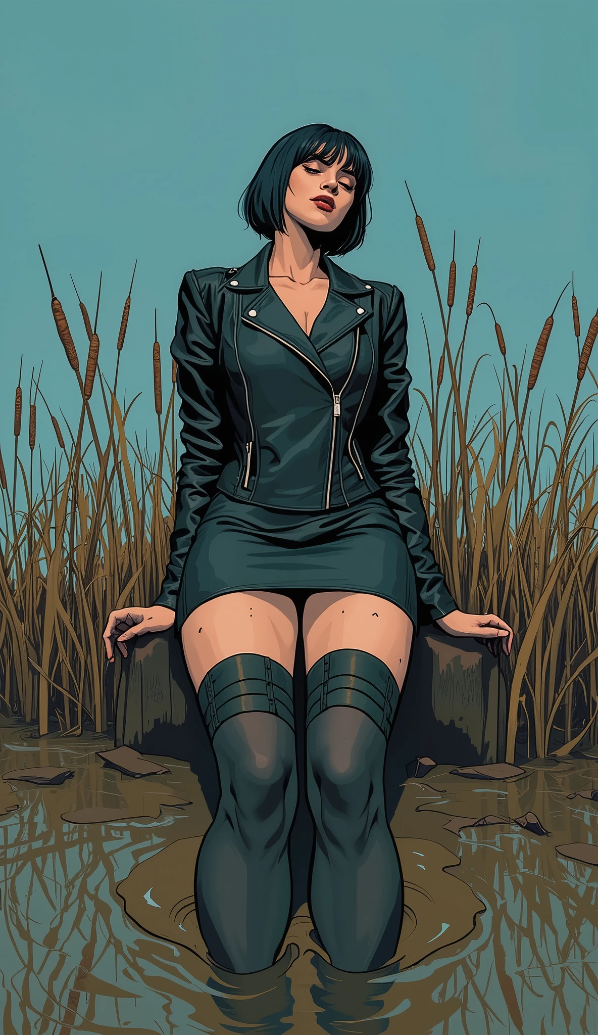(detailed), (((normal girl))), (Arabic characteristics), ((brown sheepskin jacket)), ((pelo negro rizado free hair)), ((free hair)), (calm face), ((by the width)), ((black high boots)), (((whole body))), ((in the middle of a field leaning on a tree), ((woman)), (black turtleneck sweater), ((only one person)), (at midday)