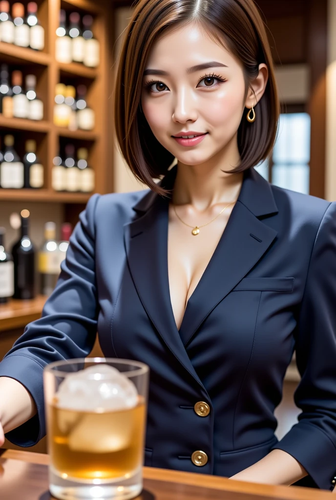 (((leaning forward:1,bent over))),Inside a suit shop,(The skin is wet from sweat),(Wearing a shirt:1.5),Suits lined up,looking at the camera,Cleavage,A big smile,Skirt Lift、Lift your skirt with your hands,woman, 20-year-old, Short Hair、bangs、(Plain suit skirt),(White lace panties)、Cute earrings,Natural lighting
