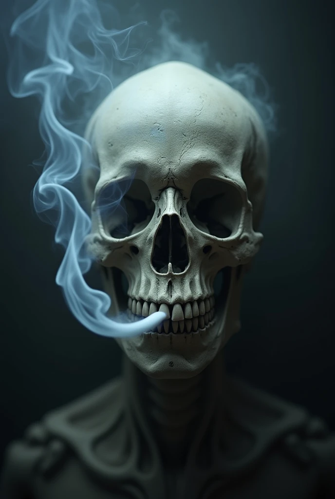 A skeleton smoking in profile in black and white wearing a suit
