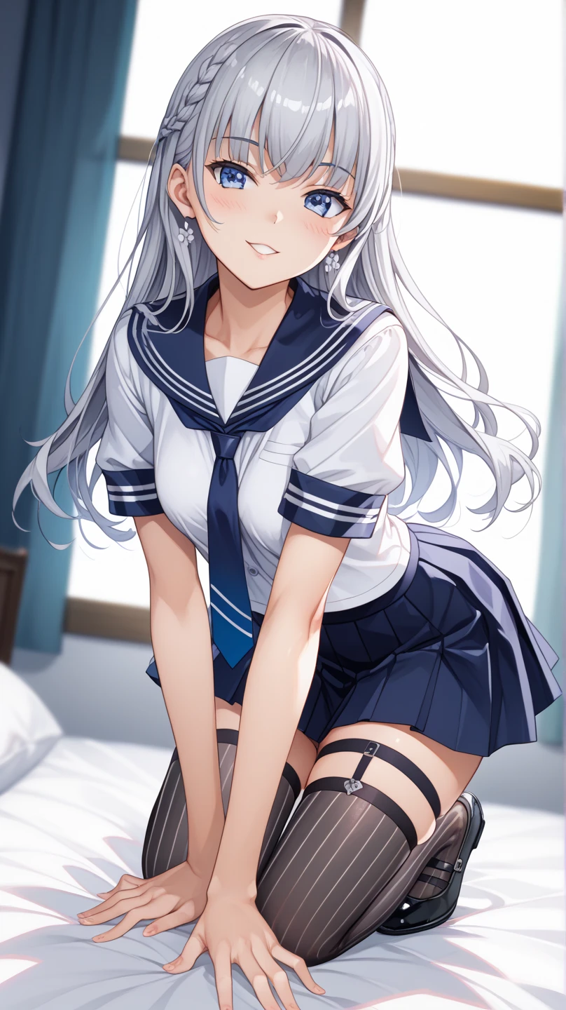 (masterpiece:1.2, top-quality), beautiful illustration, NSFW, looking at viewer:1.1, cowboy shot, from above, 1 girl, japanese, high school girl, perfect face, cute and symmetrical face, shiny skin, (long hair:1.8, straight hair:1.7, shiina mahiru), asymmetrical bangs, (large breasts:1.1, thick thigh, beautiful hair, beautiful face, beautiful eyes, closed eyes, open mouth, beautiful clavicle, beautiful body, beautiful chest, beautiful thigh, beautiful legs, beautiful fingers, ((school uniform, pleaded skirt, white panties, white thighhighs, visible panties, skirt lift)), (((vibrator in thighhighs:1.2, thighvibe:1.3))), (choker, flower hair ornament), ((fitting room, looking away, moaning, ahegao, wet floor, acting cute, moaning expression)), (holding hands, pov hands, seducing, blush)