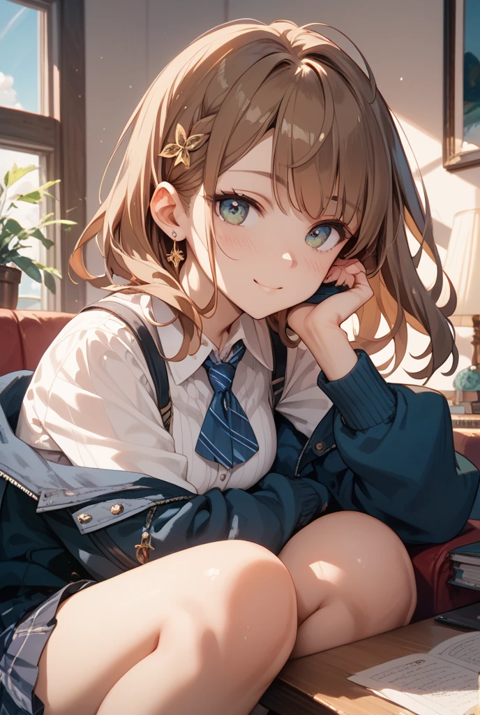 1girl,solo,Olivia, blonde hair, blue eyes, medium hair,large breasts, blush, smile,school blazer,mini skirt,thighs,white panty, (upper body:1.3),open mouth, embarrassed ,blush,(spread legs:1.3),(legs up),(cameltoe:1.3), masterpiece,Noise Reduction,perfect anatomy,high resolution, ultra-detailed, ultra-detailed face,game cg,dutch angle ,beautiful detailed eyes,visualart,five fingers, perfect hands, perfect lighting,