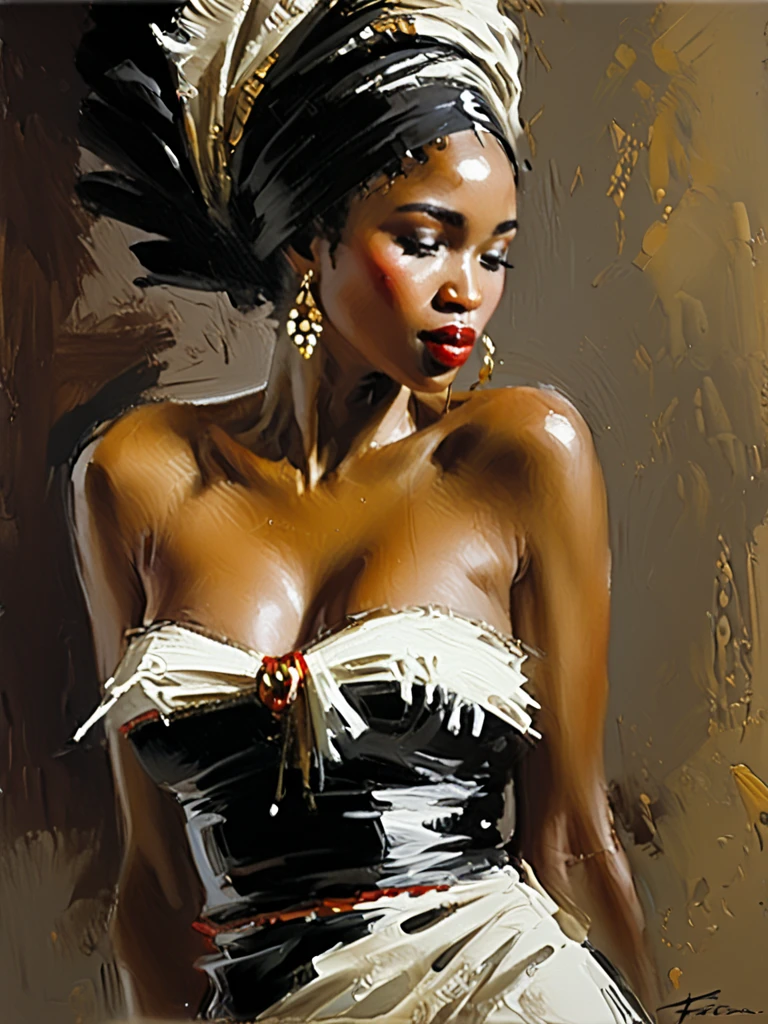 A Gil Elvgren pin-up style painting of a beautiful black woman in a towel, wet , shining skin