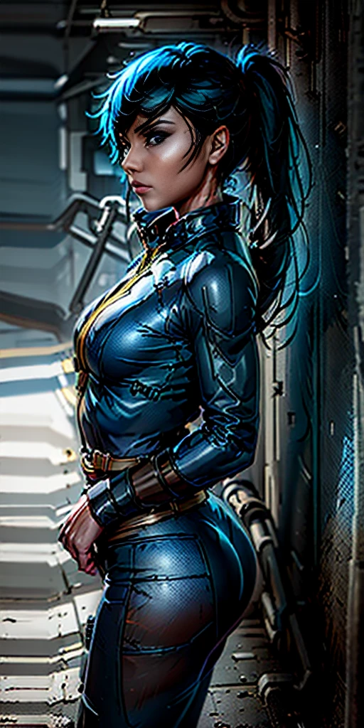 Woman, serious face, muscular, sunglasses, hair: undercut, shaved hair on the sides, futuristic, cybercyberpunk, wearing blue leather dress, full body, background: futuristic bar, sitting on a sofa