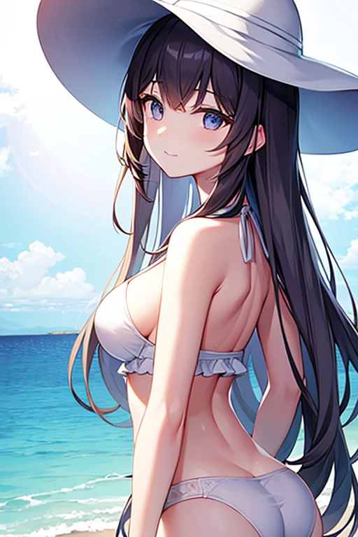 A girl stands in a hot spring with a view of the night view of Lake Suwa late at night、She has a short bob with a white lob of hair and wears a large black witch hat with sapphire jewelry.、A high school student wearing a navy blue bikini with a white ribbon on her chest.、She wears a large witch's hat with a small sapphire accessory、A few star creams、Beautiful starry sky、Beautiful night view、large witch's hat 、Navy blue bikini pants that dig into your stomach、Small breasts、A cup breasts、紺色のFull cup bikini topには白いフリルが付いています、Small breasts、Full cup bikini top、Slightly bulging breasts、Not big breasts、