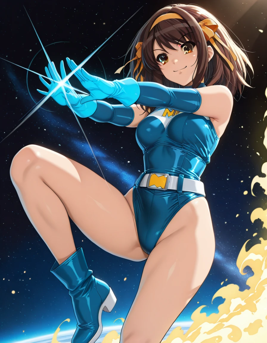 1girl, mature adult, dark-brown hair, leotard, bare legs, boots, gloves, space, bracelets, green eyes, solo, single, spread arms, standing, spinning like a tornado, bob hair, short hair, light particles, sparkling, super speed, solo, single, speed lines