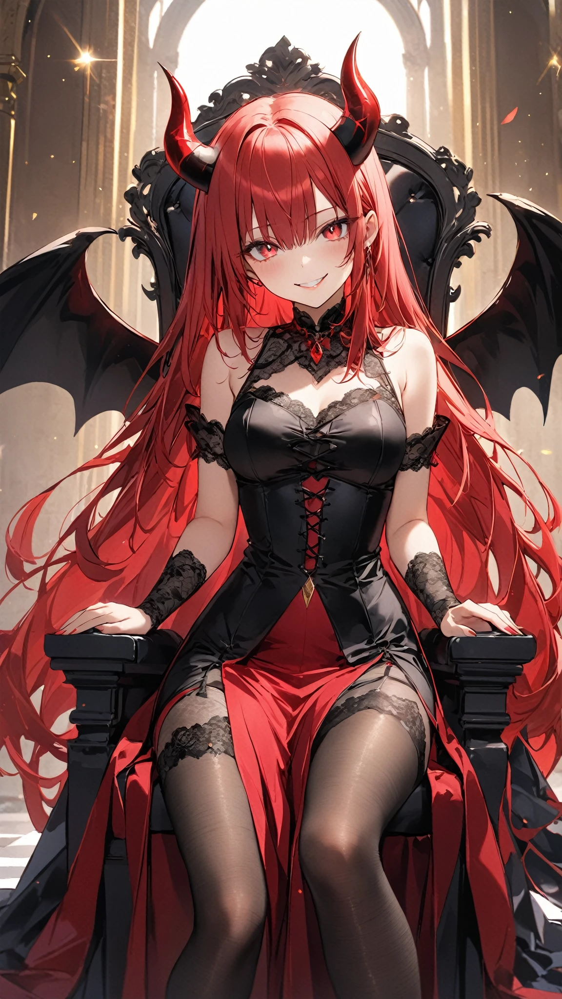 Red hair,Blue eyes,double tails, Long hair, Solo, Loli, Black stockings,{{Best quality}}, {{Masterpiece}}, {{Ultra-detailed}}, {illustration}, {Detailed light}, {An extremely delicate and beautiful},Little girl,Cute,Succubus, demon,Horns