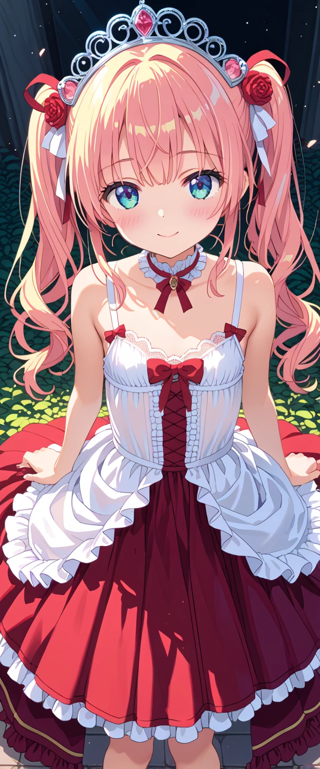 (leaning over:1.4), (masterpiece:1.2, best quality), (real picture, intricate details), 1girl, solo, absurdres, cowboy shot, standing, outdoors, :3, smile, bear girl, bear ears, ((light pink dress)), frills, very detailed dress, white thighhighs, platinum blonde hair, gray blue eyes, long hair, ((red strawberry choker)), smile, open mouth, one fang, large breasts, cleavage, sleeveless dress, arms behind back,