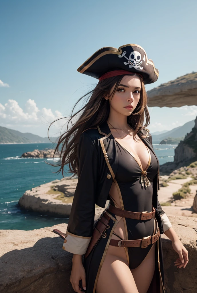 Full face and body photography, Character: Adult Nami realistic version lifelike natural eyes, thin waist, thick legs, thin waist, always shows full face, full body photography, black long cutout top, shorts short black, real human proportions, (hair with smoothness and movement, HD, 8K, natural detailed and realistic), thick legs, wide hips, a large pirate ship in the background, realistic eyes, American flat style cutout, film style