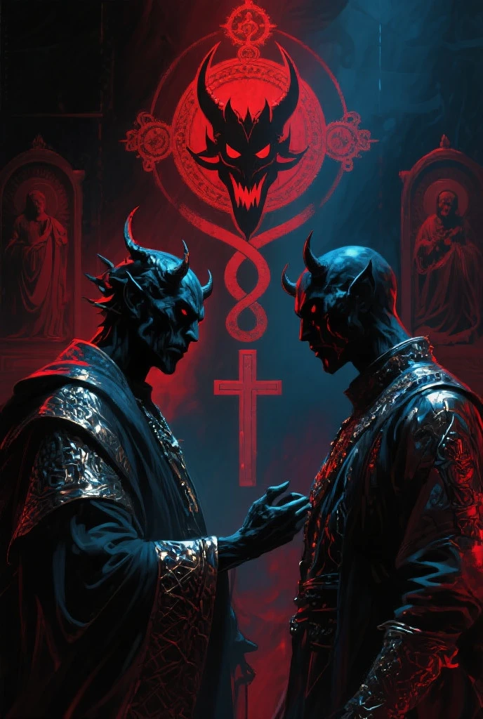 (Deux hommes) Un environnement sombre et mystique, dans une clairière éclairée par une lune rouge sang. N'koma fait face au sorcier Nyoka, un homme à l'apparence sinistre, avec des yeux rouges brillants et une aura de ténèbres autour de lui. Nyoka tend une main squelettique à N'koma pour sceller le pacte.