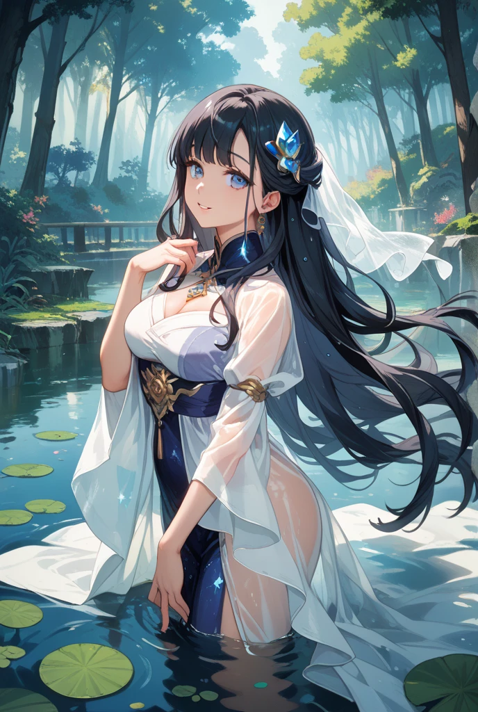 1girl ,bare shoulders,black hair ,holding_bouquet ,branch ,breasts ,colored inner hair, colorful ,fish ,hanfu,dress,long dress ,mountain,pool ,((white_see-through dress)),strapless dress , tree , (waterfall ),cowboy shot, standing, from above, bare legs,