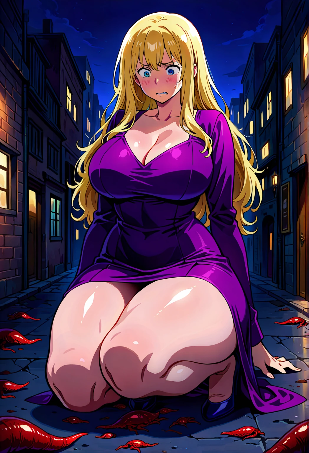 detailed illustration (side view),dynamic angle, ultra-detailed, illustration, clean line art, shading, anime, detailed eyes, detailed face, beautiful face, dramatic lighting, detailed illustration, dynamic angle, ultra-detailed, illustration, sensual face, gorgeous face, tired look on face, annoyed look on face, in front of a rundown building, dead kaiju monster on ground in background,

Magic Girl, woman in her late 30’s, milf, milf in a magic girl costume, pastel pink dress, thick, plump, blue eyes, blonde hair, pear shaped body, big ass, perky but somewhat sagging breasts, magical sailor girl costume, clothes too small, magical effects, magical sparkling, wide hips, plump, leotard, short skirt, thigh high socks, arm stockings, thunder thighs, bottom heavy body, covered in slime, scary dead monster in background, standing triumphant on monster 