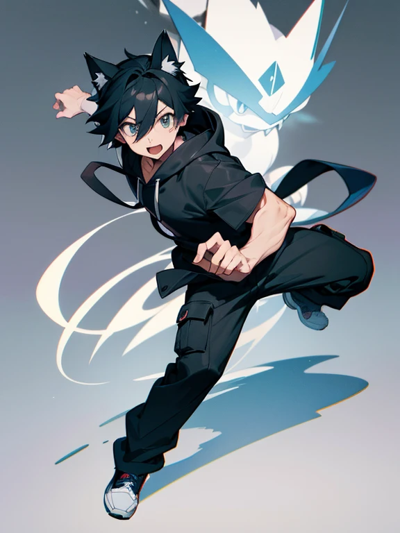 Libido boy,black sports wear,white sweatpants,mitts, A high resolution, conscientious, Nintendo, offcial art, Pokemon, Pokemon \(gaming console\), Pokemon SWSH, Light smile, sugimori ken, tart \(Illustrator\), Thighs, Stand next to Pokemon \(organism\)