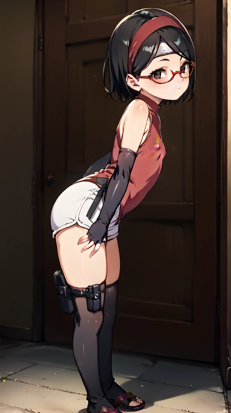Highest quality, High resolution, 1.female, On all fours, right leg raised high behind, black eyes, cute, looking down, naked, small breasts, short hair, Black Hair, Full body, collar, front, in the city, people around