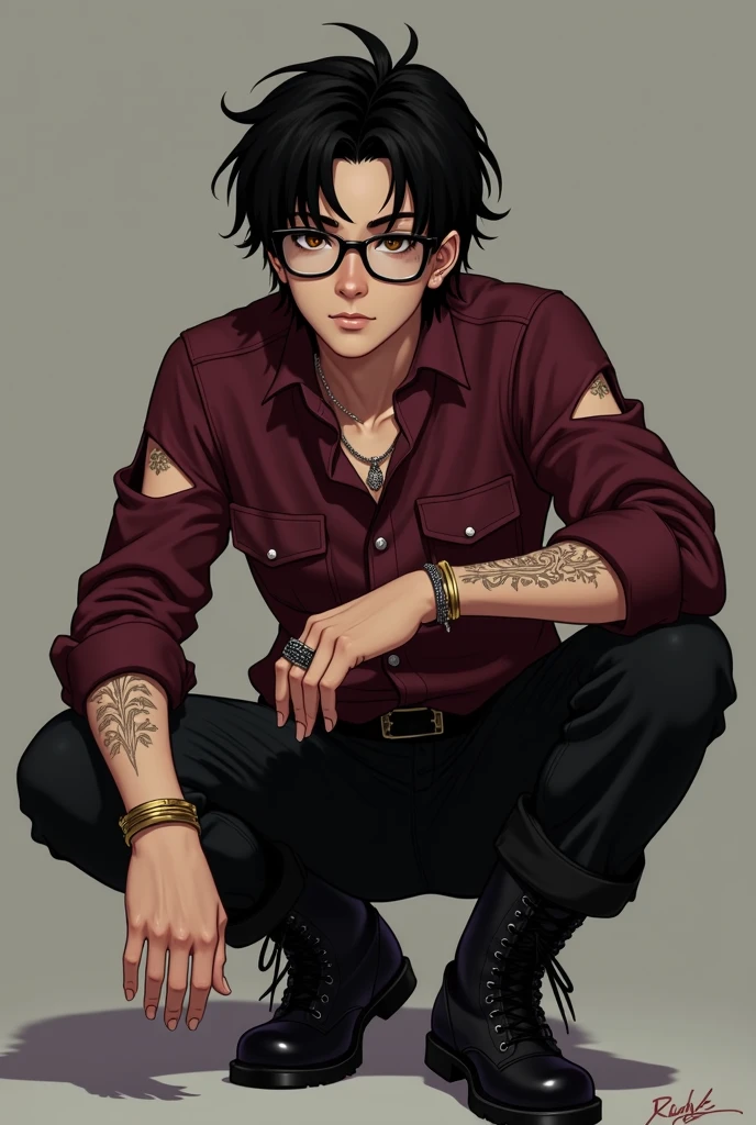 A boy with black eye color, black hair, in a manga style background, style with chains on his pants with several rings and a book style hairstyle.