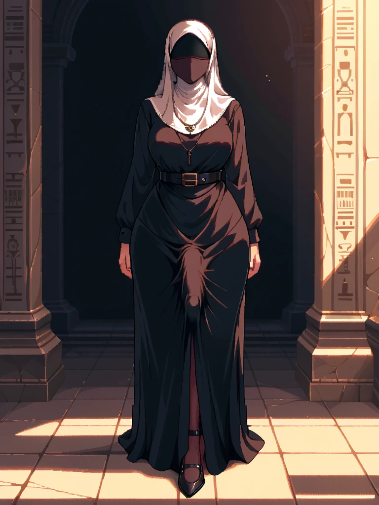 digital art, highly detailed, reference sheet, standing pose, legs uncrossed, one hand pulling at cheek, feminine features, dark skin, overweight, curvy, corpulent, portly, mature woman, adult female, whole body, bald, form-fitting, abaya dress, scarf, long sleeves, long skirt, shoes, 1woman, solo, upper body, lower body, ((Extremely Detailed)), ((Best Quality)), ((Masterpiece)), ((4k)).