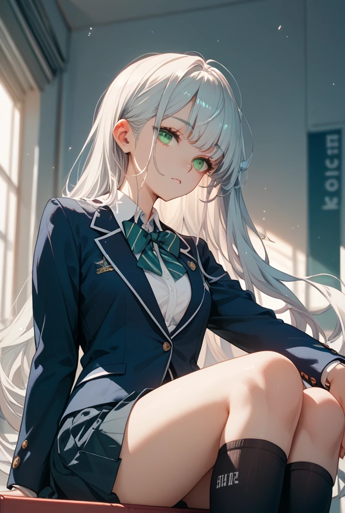 index, index, (green eyes:1.5), silver hair, long hair, (flat chest:1.2),happy smile, smile, open your mouth,White Y-shirt,yellow blazer,black pleated skirt,black pantyhose,brown loafers,sitting cross-legged on a chair,There is a textbook on the desk,daytime,
break looking at viewer, Upper body, whole body,
break indoors, School　classroom,
break (masterpiece:1.2), highest quality, High resolution, unity 8k wallpaper, (figure:0.8), (detailed and beautiful eyes:1.6), highly detailed face, perfect lighting, Very detailed CG, (perfect hands, perfect anatomy),