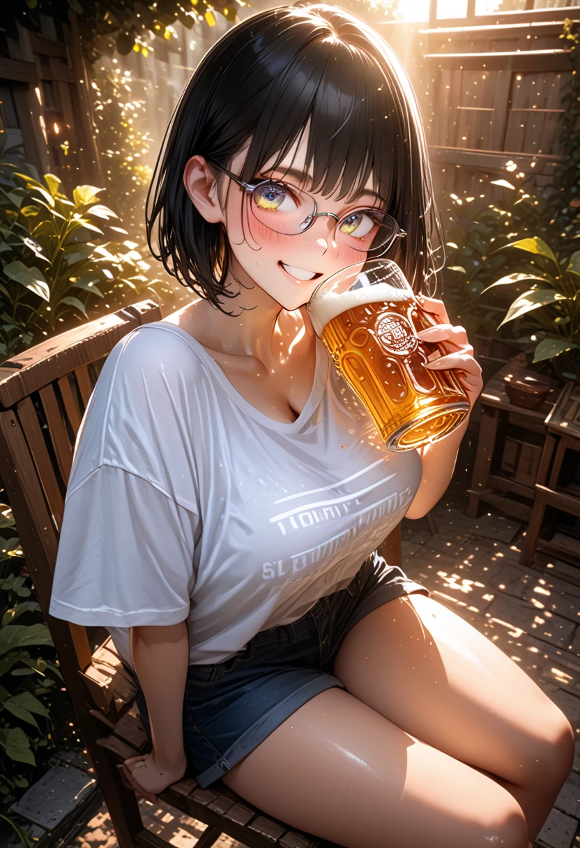 Best quality, ((Masterpiece)), (Realistic), A woman, Beer garden, Drinking beer was delicious, Hot and sweaty, Place it next to her face, closing her eyes, 1woman, Sour face, green shirt, food, Solo, Open shirt, Lace shirt, Floral shirt, colorful skirt, Mini skirt, Piva
