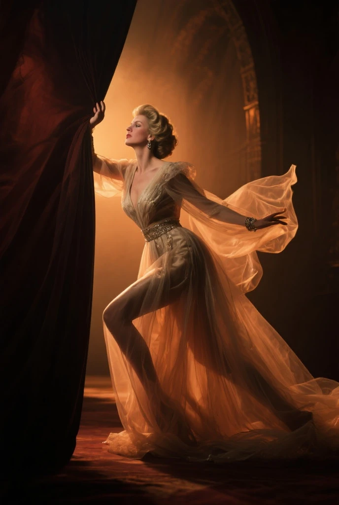 Lady Gaga wearing stunning clothes by Alexander McQueen, dark golden, full body picture, agressive look, gothic, pretty face, floating in the air, singing Bad Romance