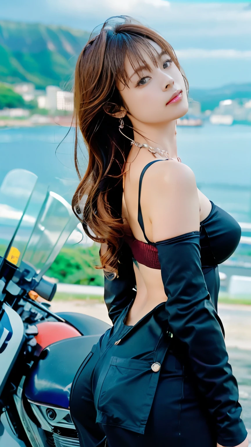 (((Flawless解剖学))),An image of a beautiful girl posing with her hair slicked back and her chin raised, one leg on her Harley-Davidson sidecar, posing along the coast at sunset.,A realistic bike that you can almost hear the sound,nice earrings and necklace,for motorcycles'chopper handle,back angle photo ,She is wearing a black bikini and a leather jacket with a leather skirt,realistic,Flawless,best image quality,professional angle of view,excellent details,ultra high resolution,realistic:1.4),high detail,focus on details,High concentration of 1girls,beautiful chestnut hair,Beautiful face with a delicate and high nose,Long limbs and slim waist like a model,White sneakers look great on your beautiful ankles,white skin is dazzling,