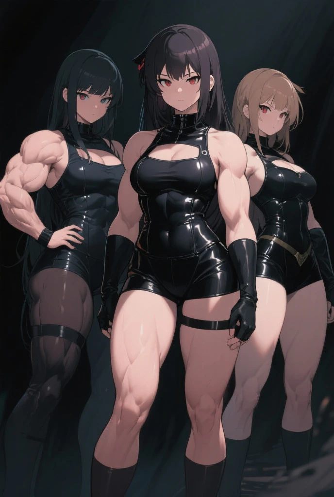 mother and daughters, standing, shortstack daughter, tall mother, wide hips, huge breasts, full body, mother with short brown hair , daughters with blonde twintails hairstyle, bikini armor