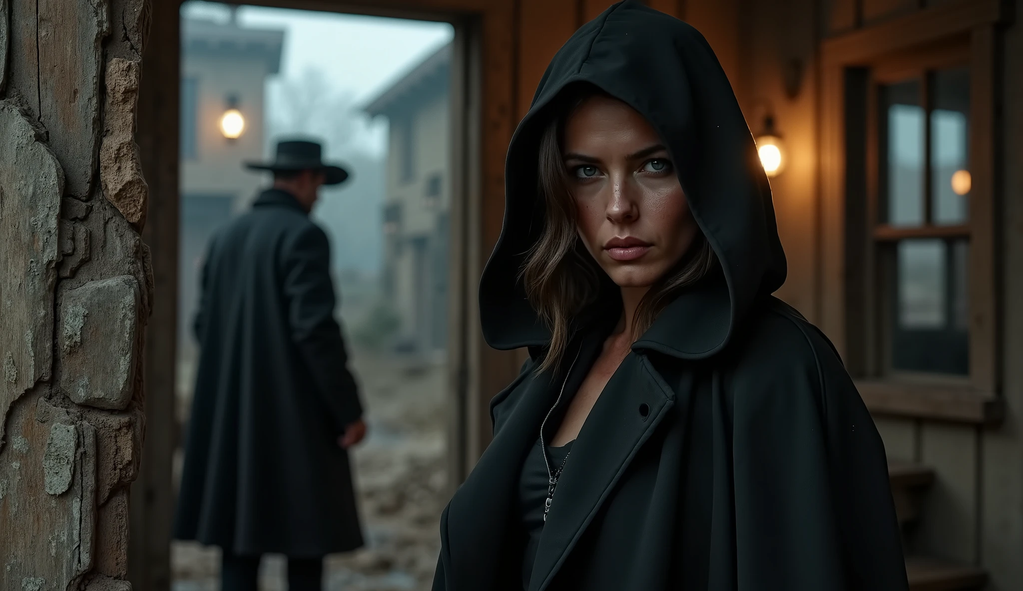 "Ultra-realistic cinematic shot set in a ruined, fog-drenched Old West town. A dark, enigmatic woman cloaked in black stands in the shadows of a crooked wooden shack, partially hidden behind a broken doorway. Her face is pale, eyes sharp and intense, whispering softly to herself as she watches JCK-RUDE walk down the muddy, rubble-strewn main street. The gunman’s back is visible in the distance, moving steadily through fog and silence. The woman’s cloak flutters slightly in the wind, and her expression is unreadable — a mix of fear, knowing, and quiet power. Cracked windows surround her, with other silent figures barely visible inside, hiding and watching. Storm clouds hang low, casting diffused light through the mist. Cinematic lighting, photorealism, gritty textures, 8K resolution, Western gothic mood, DSLR-style shallow depth of field focused on the woman’s whispering lips and intense eyes."