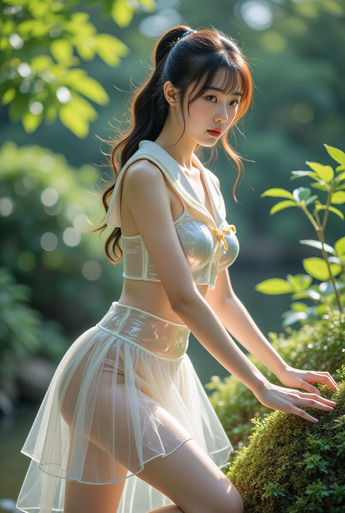 (((1))),((Photorealistic))), ((AKB 48)), (Full body photo))), (Lens flare)),((Backlight)), (In the woods))((Dark mountain lake))),(((Rock in the background)),(Flower crown,(Smiling)),((NIKON Z)),(19 years old),(Small bust))))( bright red wedding dress)))), (((Pore feeling)))), (skin feeling)))), (((Photorealism: 6, realistic)))), (sideways and turning around pose)),Perfect lower body shape, side ponytail, ribbon, hair ornament, pale skin, looking at the viewer, small waist