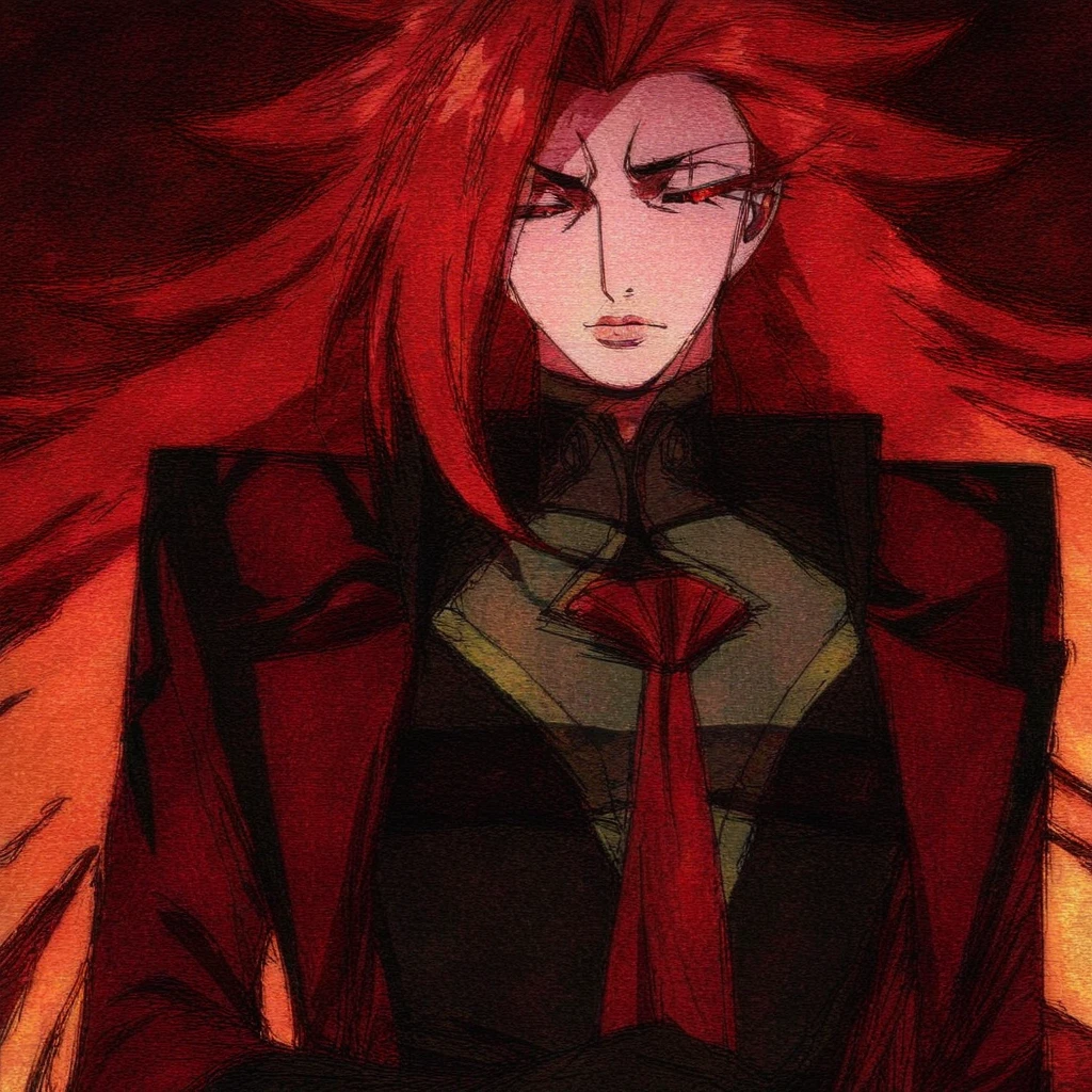 {{portrait, dutch angle}} {{Artist: Sincos}} 1male, solo, toned male, red hair, flowing hair, long hair, red eyes, lips, black sci-fi armour with, black cape, angry, outdoors, city, looking at viewer, standing, fog, modern day, superhero day, blood on face
