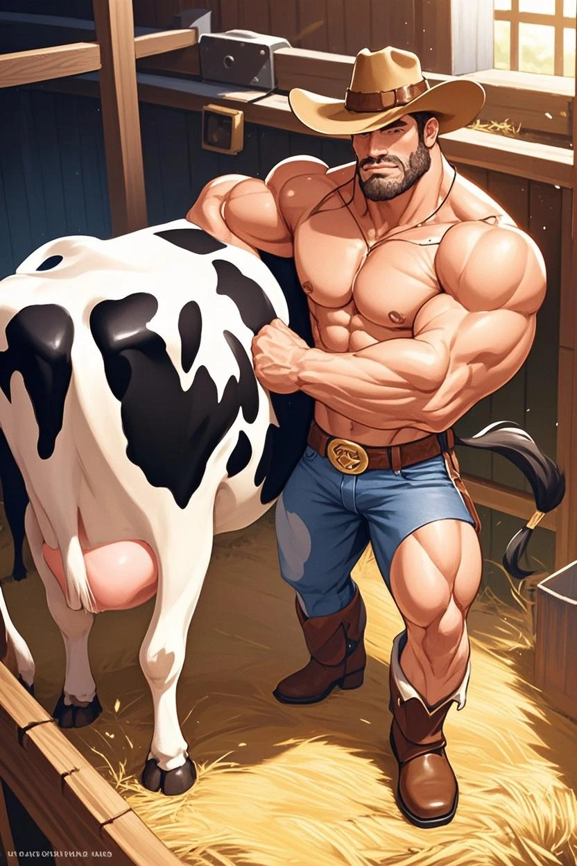 Male horse, white fur, blond short hair, big muscles, shirtless, hairy blond chest, cowboy pants, thick blond beard, working on farm, sweat