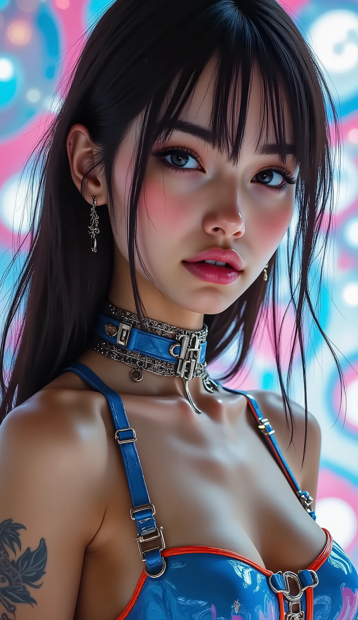  [Style: "masterpiece, realistic, (photo realistic Realism), ultra-detailed, Hyper high resolution"](Key Directive: - ("The priority is the anatomical accuracy and texture of the materials" - "Ultra-sharp human eyes with biological accuracy") { "Eyes: (acid-resistant terminology) (macro-details:1 . 5): * Moist corneal surface (visible aqueous layer:1 . 2) * Hyper-detailed iris stroma ((brown) with gold flecks) * Precise limbal ring (slightly darker pigmentation:1 . 22) * Pupil micro-texture (irregular edge authenticity:0 . 9) * Vasculature in sclera (subtle red veins radiating from limbus)" - "Lashes: blue individual synthetic fibers (crosshatched roots:1 . 2 , clump-free separation)" Technical Specs: (Optics: - "Zeiss Otus85mm f/1 . 4 lens (eye refraction calculations:1 . 3)" - "Shutter Speed:1/500 (freeze eye micro-movements)" - "Focus Stacking:7-point coverage on iris plane") (Post-Processing: - "Frequency separation for skin vs eye details" - "Selective sharpening: eyes200% , hair80%" - "Denoise: luminance20 , color35 (retain corneal speculars)") (Avoid: "pupil distortion , uncanny valley asymmetry , plastic-like wetness") ((beautiful western model:1.8)),(photorealism: 1.4),( hot girl brown skin),(complex and realistic skin texture:1.4), {{"[dynamic pose,portrait full body view, 25yo, skinny, Honeycomb latex outfit "((latex bra:1.4))" blue orange latex harness choker intricated ,complex thin laces stomach harness, tied up,arms tattoo,((micro skirt)), garters,flat chest,angelic cute face,white teeth, perfect beauty, long eyelashes, (neon pink lips), oiled skin,(psychedelic background,voronoi backround), hyper realistic and detailed face, ((no blur sharp focus on all body))]"}} 