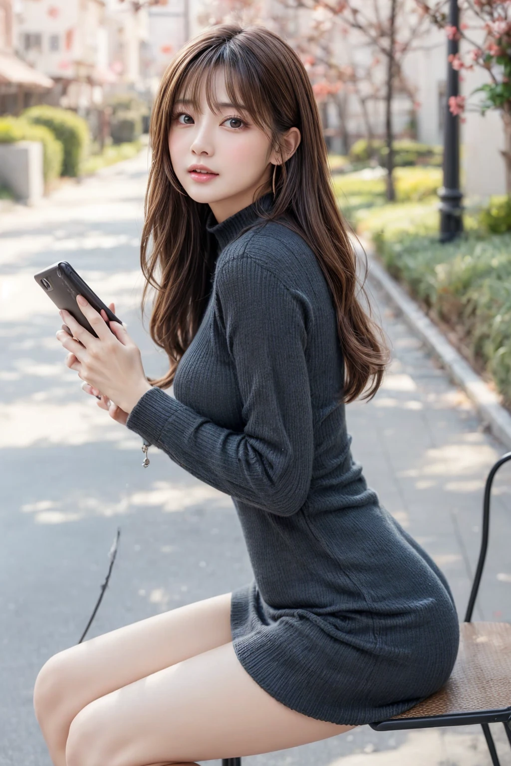 ((Beauty like a model)), Japan Girl,1 persons,masterpiece, The highest image quality, ultra-detailliert, (perfectbody:1.2), ((Perfect face+Brown hair)), Close up of, ((Short bob hair,Trailing hair)),((Turtleneck Sweater Dress)),Viewer's Perspective, detailed hairs、Detailed eyes(realisticeyes),profetional lighting,long boots,(Brown eyes),slenderbody,adult lady,About 28 years old,glamor,kindly smile,Half Girl,Lashes,二重まぶた,,Raw photo,Sexy lips,Lovely smile,she crumpled her face and smiled,