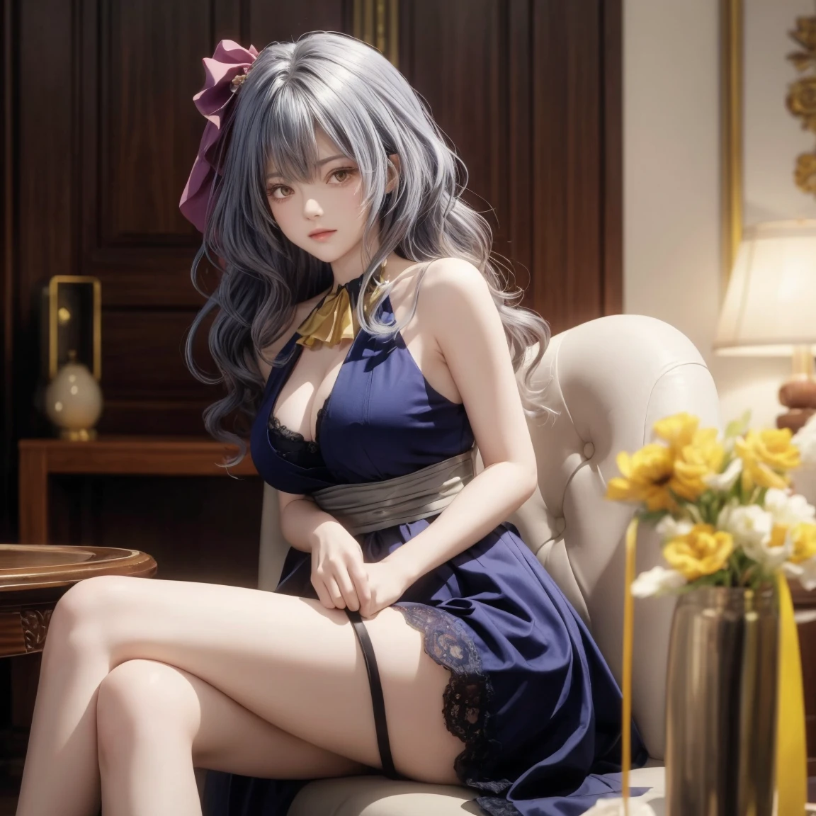 Masterpiece, Top Quality, Hi-Res, Myolin 1, 1 Girl, Myolin Remblanc, Sleeping Habit Hair, (((Unkempt Hair)), Solo, Gray Hair, Sheets Over the Head, Pajamas, Ahoge, Gray Eyes, Hair Between the Eyes, Bangs, Long Hair, Bare Shoulders, Jewelry, Medium, Cleavage, Cowboy Shot, Sad Face,