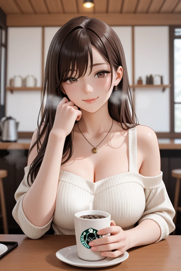 Young woman, wearing an off-the-shoulder oversized sweater, no pants, sit standing in the livingroom, cup of tea in her hand, smiling, seductive, sexy cleavage, big breasts, jump in the air