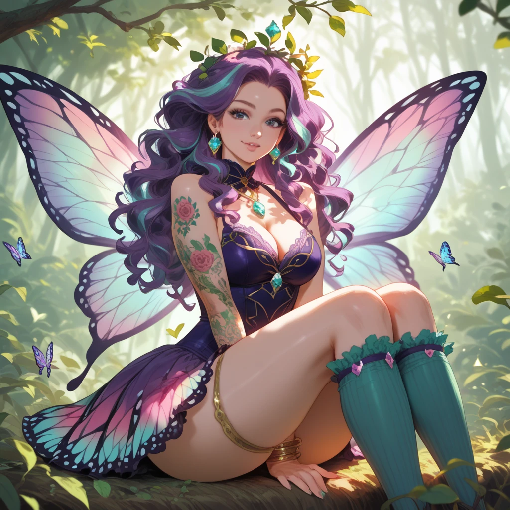 ASCII(score_9, score_8_up:1.1), score_7_up, 1girl, portrait,, purple hair, long hair, butterfly wings, glossy black skirt, glossy black top, void forest, sitting on rock, crossed legs, purple water, magical, golden tiara void
