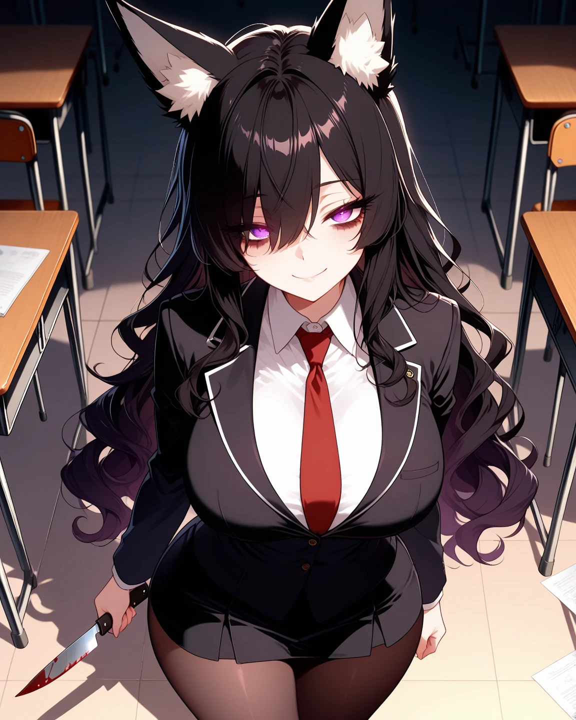 (1girl ,20s,mature female,adult),happy,white shirt,short sleeves,black standard tie,white school skirt,black hair,long hair,(classroom),((shoggoth body,pure dark skin,colored skin)),cowboy shot