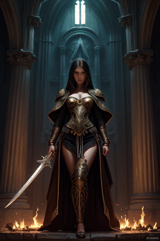 ((masterpiece:1.5, highest quality:1.5, 8k, embossed painting, extreme realistic, dark fantasy)). ((His eyes focus on looking at the viewer)). ((process mode: Seat 2.1)). Close-up of a woman wearing elaborately intricate armor and holding a sword., Fantasy Paladin Woman, armor girl, proportional chest, real cleavage, Female Knights, fantasy art behance, bikini armor Female Knights, fantasy warrior, fantasy card game art, Epic exquisite character art, Tyler Edlin Fantasy Art, Epic fantasy style art, Epic Fantasy Character Art