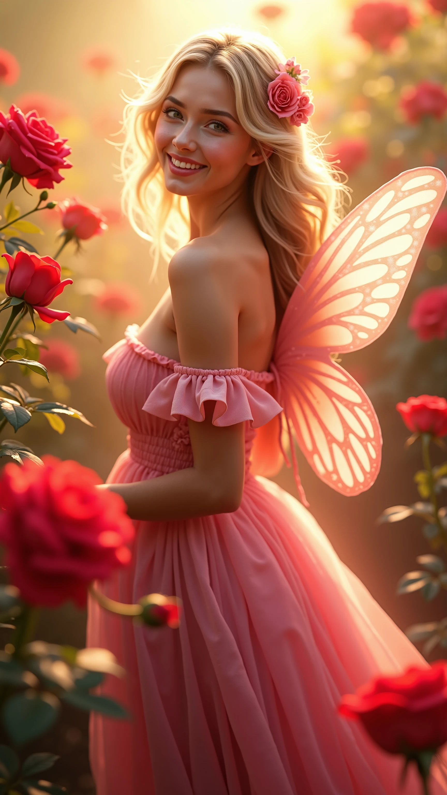 highdefinition images、Rose Fairy、in the red rose garden、赤いバラ園で、全身highdefinition images、beautiful woman in a pink dress {x} smiling in the bright sunshine。