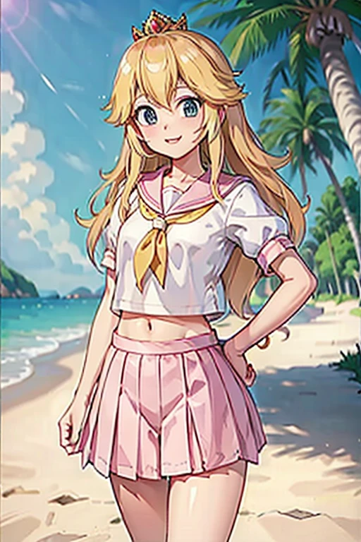 One girl, ppgzmmk, Long Hair, Blonde, Hair Ribbon, Blunt bangs, ponytail, Red eyes, Bright Eyes, (White shirt, Long sleeve, Striped sleeves:1.1), (denim, Short skirt:1.1), Jumping, smile, avert your eyes, Beach 