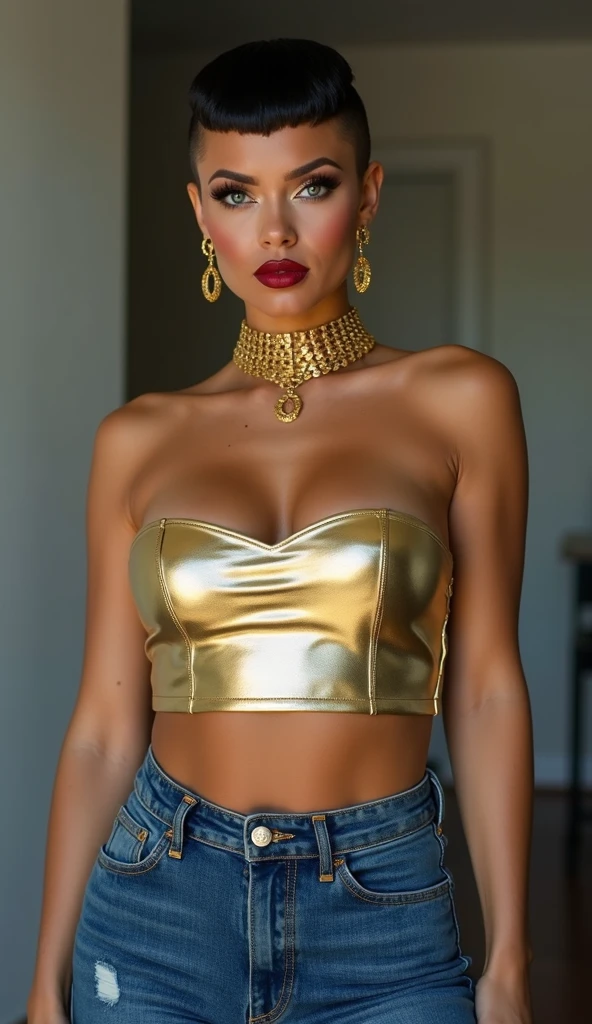 woman, fashion model, (((Wear an off-the-shoulder crop top with a plunging neckline))), Glamour, paparazzi take pictures of her, blonde hair, Brown eyes, 8 k, high quality, masterpiece, Best quality,G-cup， HD, extremely detailed, volumetric lighting, Photorealistic