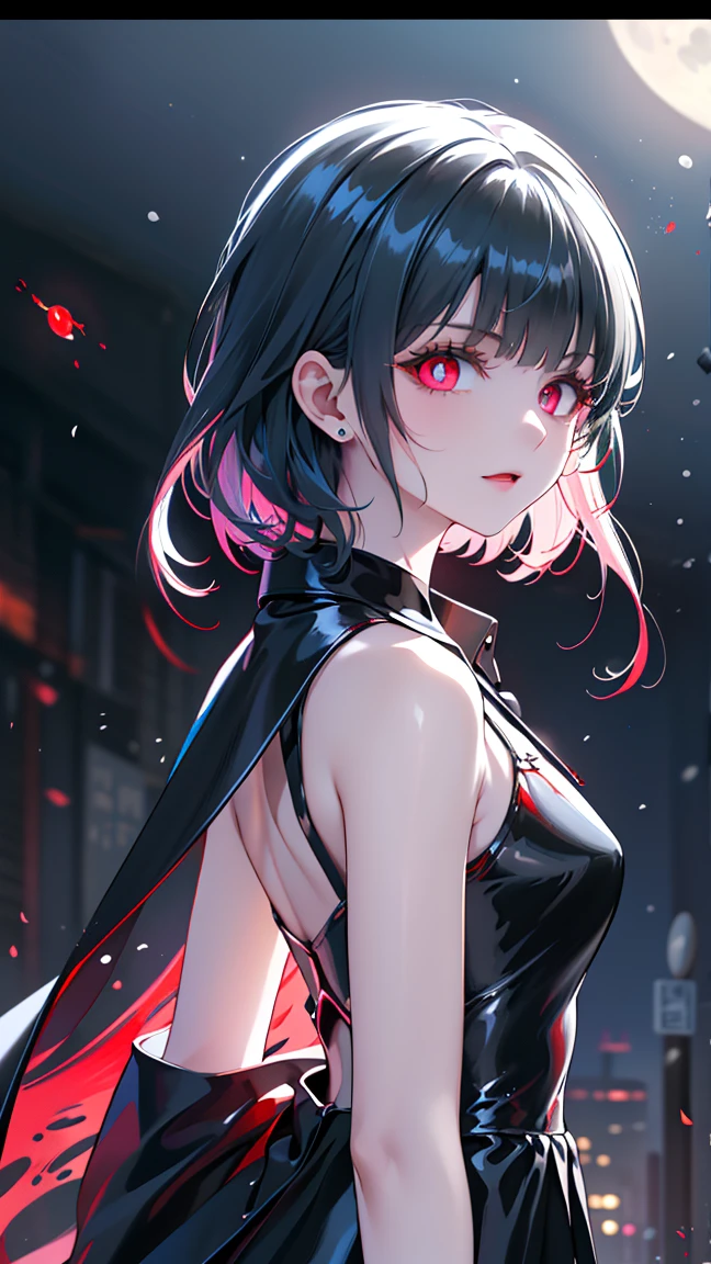 (masterpiece, best quality), 1girl, 16yo, realistic, black dress, red tie, goth, (red panties), ???????, (red electric guitar), standing, vibrant colors, abstract background, lines geometric, night, dark theme, high contrast, deep shadows