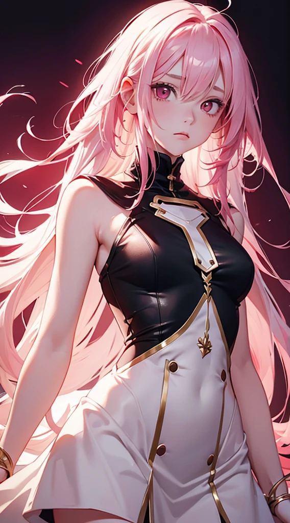 girl with a defined body, long pink hair, beige jargo pants, using a white cloth to cover her breasts, defined abdomen, evil look, sukuna tattoos, evil smile