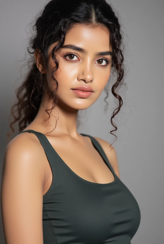 Beautiful woman wearing a tanktop no bra, og photograph, professional fashion photoshoot, hyperrealistic, masterpiece, trending on artstation,Portrait of A confident-looking indian woman with long flowing hair, hazel eyes, , trending on artstation, portrait, , modern, sleek, highly detailed, determined, lawyer, colorized, smooth, charming, pretty, perfect composition, hyperrealistic, super detailed, 8k, high quality