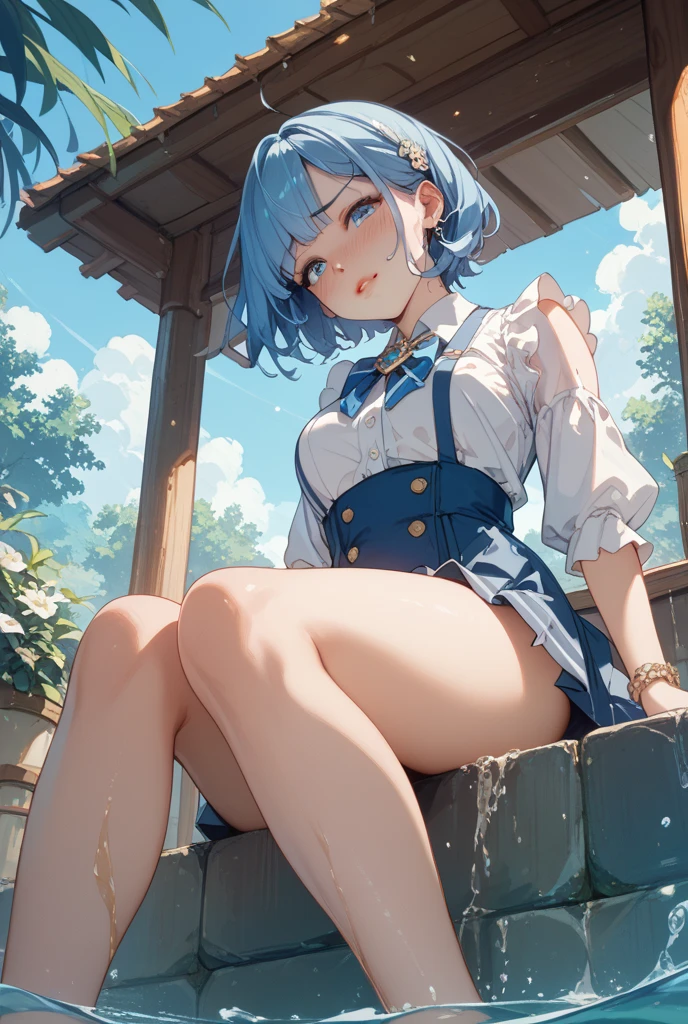 official art, masterpiece, sharp focus, (beautiful gorgeous cute chubby Korean woman:1.3), (beautiful cute korean:1.3), korean beauty, Delicate and beautiful short hair and eyes and face, realistic, ultra detailed, beautiful girl, blue sky, glow white particle, (sidelighting:1.2), sun light, white cloud, detailed clouds, slender, Lovely ((small breasts)) and very large hips, smile with teeth, ((smile with eyes, close one eyes)), scenery, long straight hair, sexy facial expression, building, (cityscape:1.7), twilight skies, dynamic hair, short straight hair, detailed platinum pink hair, glow blue eyes, (blue pleated shirts + white skirt), white long socks, pale skin, hair ornament, epic scenery, ((nipple slips)), short skirt, ((belly button)), chubby girl, kimi no nawa comet, meteor, aurora borealis, wide angle lens, low angle shot, fully skies, cherry blossom, stars, milkyway, in the roof top, opened tshirt, niple slip, topless