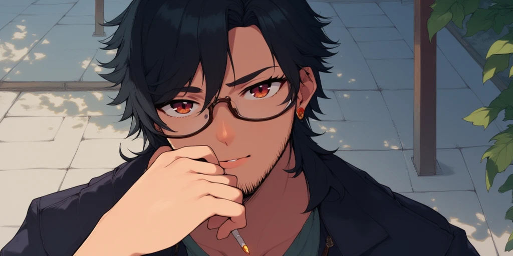 Anime gamer guy cigarette in his mouth, stubble, dark haired mullet haircut, wearing square silver glasses in his room with anime action figures on display