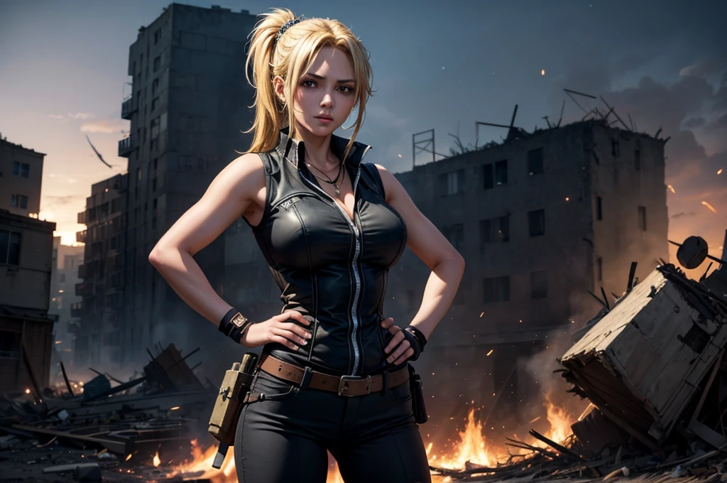 sonyablade, blonde hair, ponytail, blue eyes, vest, cleavage, dog tags, fingerless gloves, abs, pants, knee pads, boots, looking serious, intense,
outside, fighting pose, city, street, brown sky, doomsday, burning buildings, extreme detail, masterpiece, <lora:SonyaBladeMK9:.8>